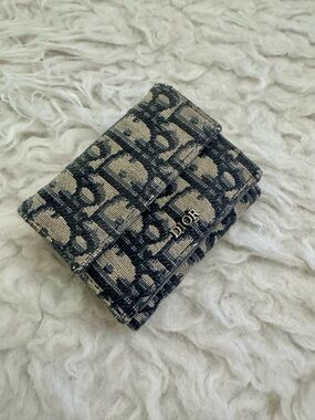 Dior Navy and Beige Monogram Compact Tri-Fold Wallet with Silver Logo